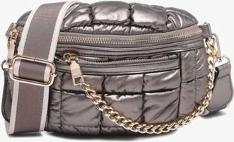 Jen & Co. Womens Mabel Quilted Nylon Belt Bag With Guitar Strap In Metallic Pewter