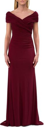 La Femme Off the Shoulder Ruched Net Jersey Evening Dress in Dark Berry at Nordstrom, Size 14