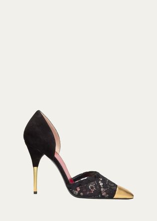 Valentino Garavani DOrsay Lace-Embellished Suede Pump