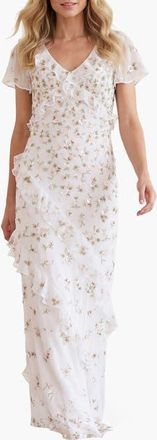 Needle & Thread Meadow Ditsy Georgette Gown in Swan White/peach at Nordstrom, Size 12
