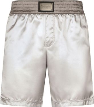Dolce & Gabbana logo-plaque satin swim shorts - men - Polyamide/Spandex/Elastane/Polyamide - 3 - Neutrals