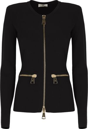 Elisabetta Franchi Tailored Black Knit Sweater with Maxi Gold Zippers