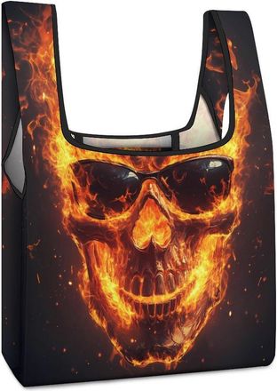 Generic Skull With Glasses Fire Burning Reusable Shopping Bags Lightweight Foldable Grocery Bag Polyester Washable Tote Bag