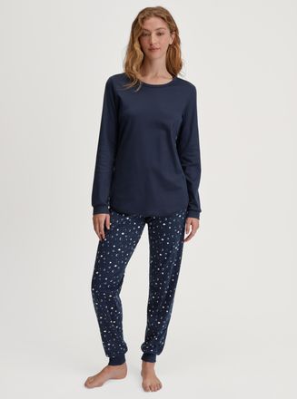 CALIDA Schlafanzug CALIDA, Damen, Gr. XL (52/54), blau (peacoat blau), Single Jersey, Obermaterial: 100% Baumwolle, bequem lang, Rundhals, Rippb&uuml;ndchen, Home