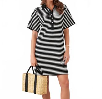 Karen Kane Stripe Short Sleeve Polo Dress In Ivory With Black