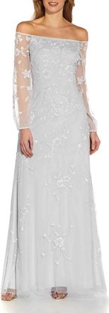 Adrianna Papell Off The Shoulder Long Sleeves Long Beaded Gown In Ivory Biscotti