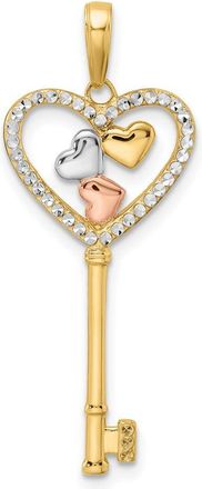 Diamond2Deal 14k Yellow Gold White Rose Rhodium Diamond-cut Hearts Key Pendant