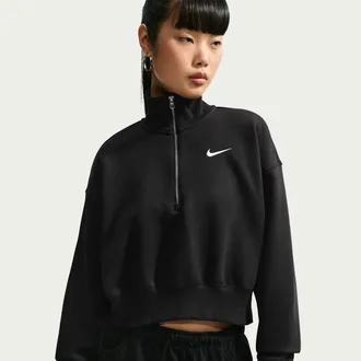 Nike Womens Nike Sportswear Phoenix Fleece 1/4-Zip Cropped Sweatshirt in Black | DQ5767-010