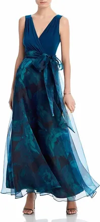 Eliza J Organza-Skirt Bow-Waist Gown In Green
