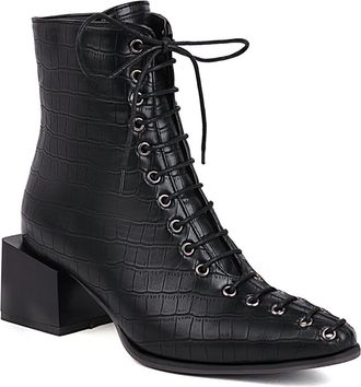 Generic Womens Lace Up Ankle Boots Synthetic Material Snakeskin Crocodile Denim Mix Pointed Toe Block Heels Comfortable Non Slip Durable for Daily Wear Street