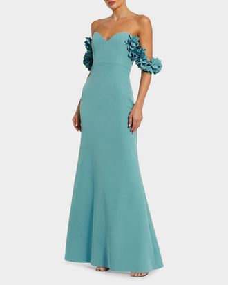 Mac Duggal Crepe 3D Flower Off-the-Shoulder Gown