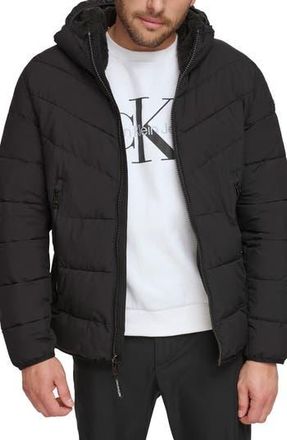 Calvin Klein Faux Fur Hooded Stretch Jacket in Ebony at Nordstrom Rack, Size Xx-Large