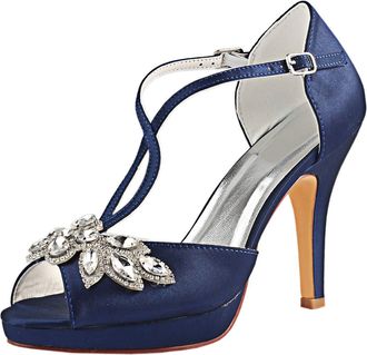 Emily Bridalwear Wedding Shoes Ivory Wedding Shoes Peep Toe Rhinestones Criss Cross Bridal Shoes High Heel Sandals (EU39/UK6, Dark Blue)