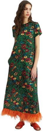 La DoubleJ Zwierige Jurk (Met Veren) - Dames - Maxi kleedjes - Groen - 2XS - Kleedjes