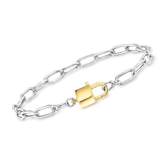 Ross-Simons Italian Sterling Silver and 18kt Gold Over Sterling Paper Clip Link Padlock Bracelet