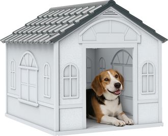 OEM Casa Para Perros 65x75,7x63 Cm Con Patr&oacute;n De Ventana Y Techo De Tejas De Imitaci&oacute;n Para Perros Medianos Gris Y Blanco