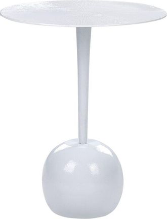 Beliani Mesa Auxiliar De Metal Blanco 40 Cm Tablero Tallado Sala De Estar Recibidor Eucla