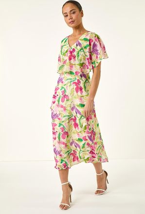 Roman Floral Print Cape Midi Dress