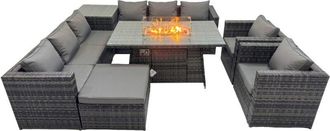 Fimous Fimous 9 Seater Garden Outdoor Rattan Furniture Set Patio Corner Sofa Gas Firepit Dining Table with Side Table Big Stool Dark Grey
