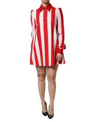 Dolce & Gabbana White Red Stripes Long Sleeves Mini Womens Dress