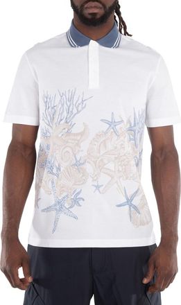 Versace Starfish Print Cotton Polo Shirt, Size Medium