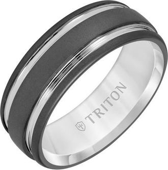 Triton 8MM Tungsten Carbide Ring with Raised Groove Design and Sandblast Finish in Metallic Silver at Nordstrom, Size 11.5