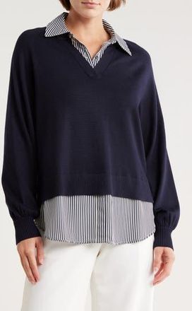 Adrianna Papell V-Neck Twofer Sweater in Navy W/Navy Small Stripe at Nordstrom Rack, Size X-Large