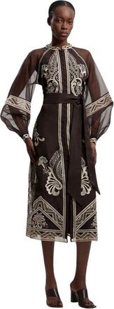 Karen Millen Embroidered Mandarin Collar Midi Dress in Chocolate at Nordstrom, Size 6