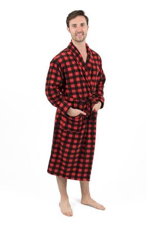 Leveret Mens Fleece Robe in Plaid Black & Red at Nordstrom, Size X-Large