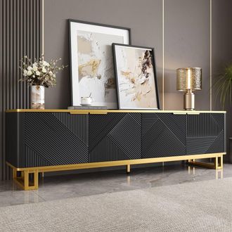 Merax 160cm TV Stand with 4 Doors - Low Media Cabinet with Metal Base in Black