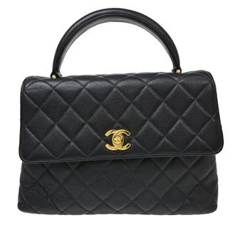 Chanel Vintage Classic Top Handle Flap Bag Quilted Caviar Black Leather Handbag (Pre-Owned)