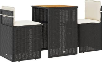 vidaXL Mesita Y Sillas Con Cojines 3 Piezas Rat&aacute;n Sint&eacute;tico Negro Vidaxl