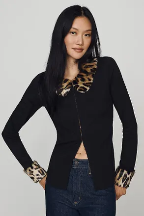 Anna Sui Cotton Leopard Contrast Cardigan Top