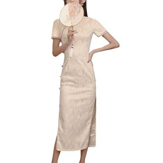 Generic Short Sleeve Traditional Mini Cheongsam Mandarin Collar Chiense Style Qipao Vintage Bodycon Qipao Outfit, 08-beige, M