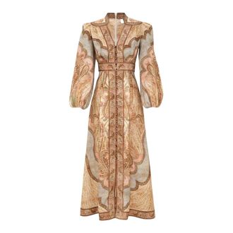 Zimmermann Kleedjes, Dames, Veelkleurig, XL, Leer, Wanderlust Plunge Midi Dress