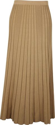 Sandro Ribbed Pleated Midi Skirt in Khaki Viscose
