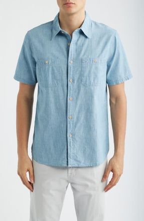 AG - Adriano Goldschmied Mason Short Sleeve Cotton Chambray Button-Up Work Shirt in Desert Breeze at Nordstrom, Size Xx-Large