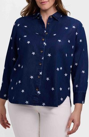 Foxcroft Meghan Star Embroidered Denim Button-Up Shirt in Navy Blue/Multi at Nordstrom, Size 2 X