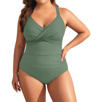 Generic Womens Plus Size Swimsuits V Neck Ruched Tummy Control Monokinis Bathing Suit Slim Fit Swimming Costume for Pool Beach Holiday Casual Swim Wear Light 
