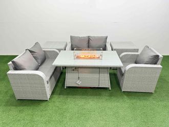 Fimous High Back Poly Rattan Garden Furniture Set w/ Reclining Chair Loveseat Sofa Firepit Dining Table Indoor Outdoor Patio Set 2 Side Table Light