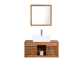 Vente-Unique Mueble de ba&ntilde;o suspendido de madera de acacia con lavabo y espejo - 90 cm - PENEBEL