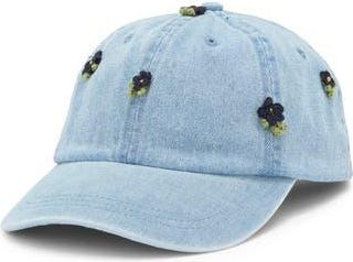 Clare Vivier Crochet Appliqu&eacute; Denim Baseball Cap in Light Denim W/Floral Applique at Nordstrom Rack