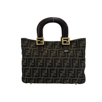 Fendi Black Brown Canvas Leather Handbag Tote Bag (Pre-Owned)