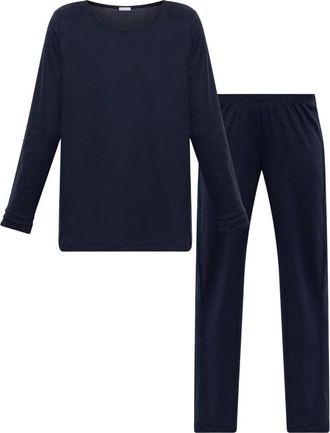 Hanro Pilar Pyjamaset - Dames - Pyjama - Blauw - XL - Katoen - Nachtkleding