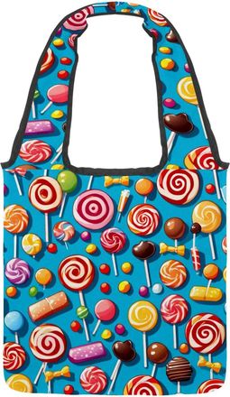 Generic Blue Candy Pattern Reversible Canvas Shoulder Tote - Double-Sided Print, 12oz Cotton, 27cm Drop, Fold-Flat Bag for Travel, Shopping, Street Outings