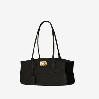 Ferragamo Womens Shoulder Bag East West Embossed Leather Black And Suede