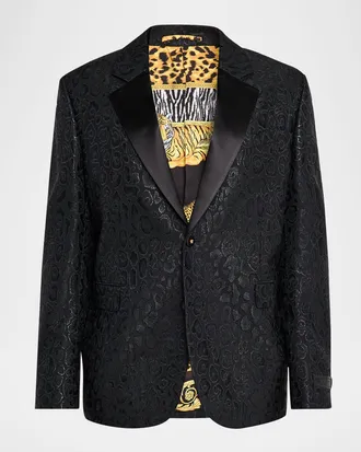 Versace Mens Leopard Jacquard Single-Breasted Blazer