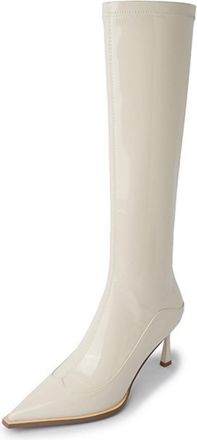 Generic Womens Patent Leather Long Boots with Zipper Pointed Toe Knee High Boots Stiletto High Heel Party Prom Shoes,Beige Velvet Lining,4.5 UK