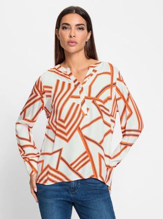 Heine Langarmbluse HEINE, Damen, Gr. 34, orange (wei&szlig;, orange, bedruckt), 100% Viskose, bedruckt, gemustert, mehrfarbig, Rundhals, Blusen Langarmbluse