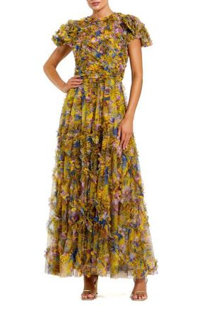 Mac Duggal Micro Ruffle Floral Maxi Dress with Textured Detail in Yellow Multi at Nordstrom, Size 14